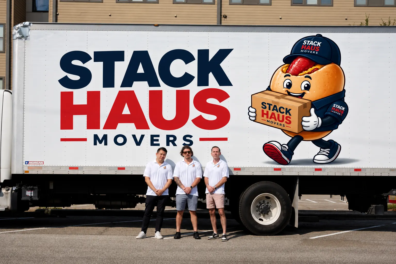 Three Stack Haus movers standing in front of the Stack Haus Movers truck