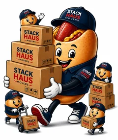 Stack Haus Movers mascot carrying moving boxes